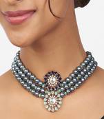 Grey Bead Choker Polki Necklace And Earrings Set