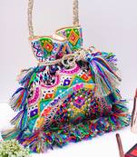 Amritsar White Dupion Silk And Chanderi Stripe Embroidered Potli