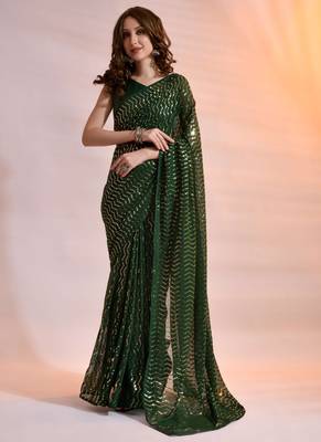 Green Georgette Sequins Party Wear Sarees 1