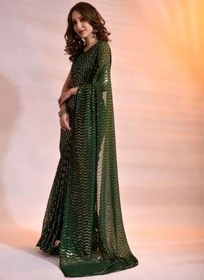 Green Georgette Sequins Party Wear Sarees 2