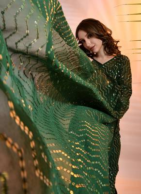Green Georgette Sequins Party Wear Sarees 4