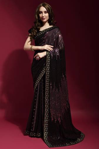 Black Georgette Sequins Party Wear Sarees