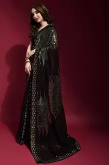 Black Georgette Sequins Party Wear Sarees