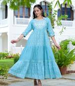 Turquoise embroidered cotton long-dresses