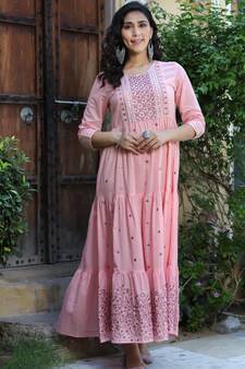 Pink embroidered cotton long-dresses