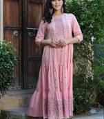 Pink embroidered cotton long-dresses