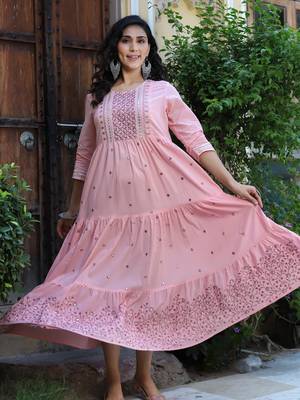 Pink embroidered cotton long-dresses 2
