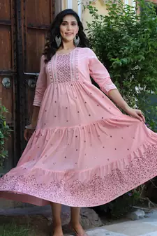 Pink embroidered cotton long-dresses