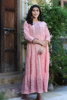 Pink embroidered cotton long-dresses