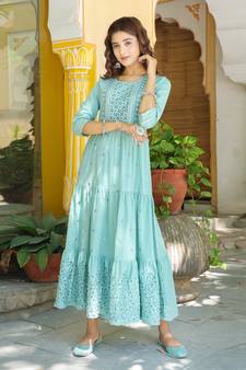Green embroidered cotton long-dresses