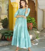 Green embroidered cotton long-dresses