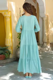 Green embroidered cotton long-dresses