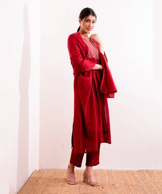 Red Aarzoo Straight Fit  Suit Set 6
