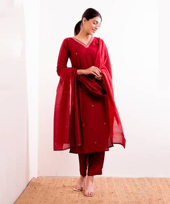 Red Firdaus Straight Fit Kurta Set 6