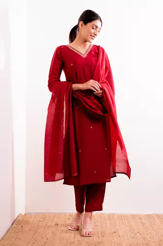 Red Firdaus Straight Fit Kurta Set