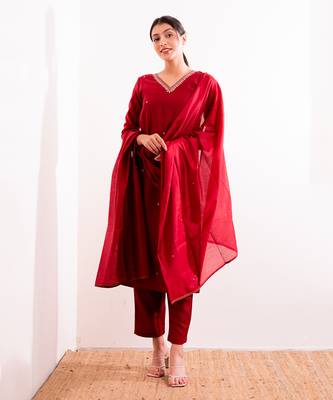 Red Firdaus Straight Fit Kurta Set 7