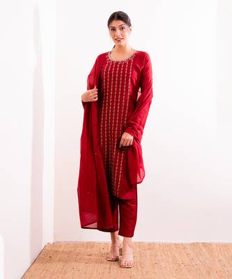 Red Firdaus Straight Fit Kurta Set 10