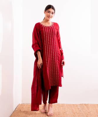 Red Firdaus Straight Fit Kurta Set 13