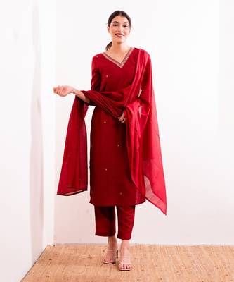 Red Firdaus Straight Fit Kurta Set 14
