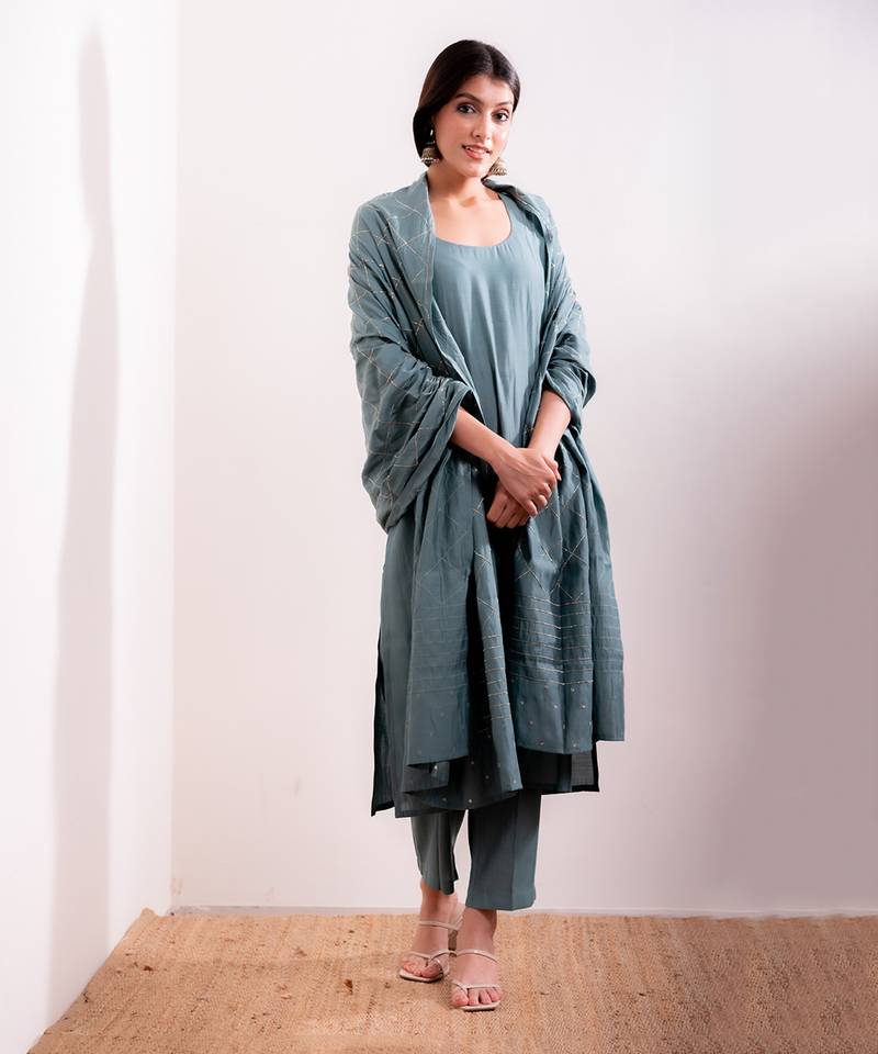 Blue Husna Straight Fit Kurta Set