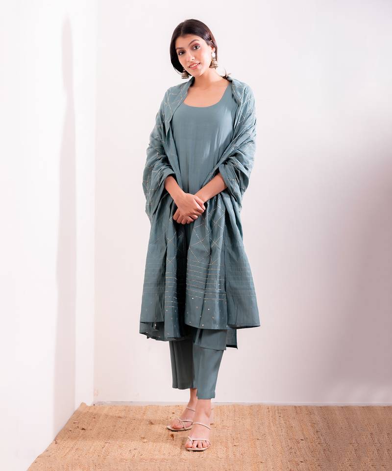 Blue Husna Straight Fit Kurta Set