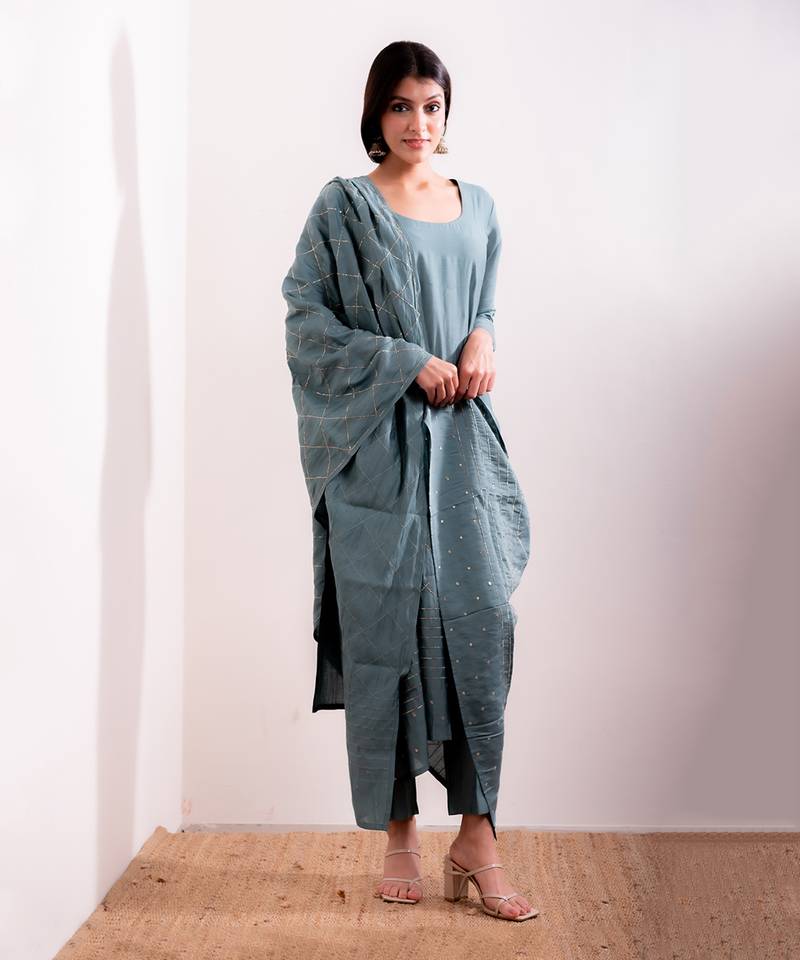 Blue Husna Straight Fit Kurta Set