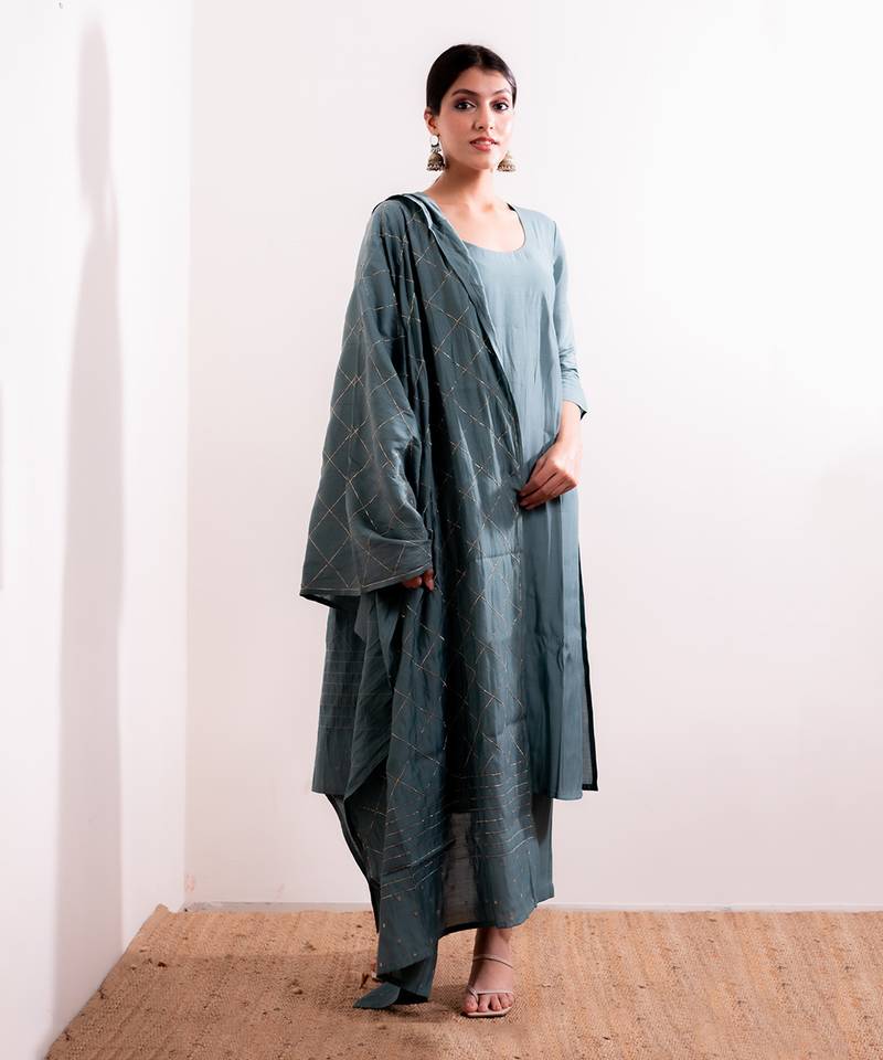 Blue Husna Straight Fit Kurta Set