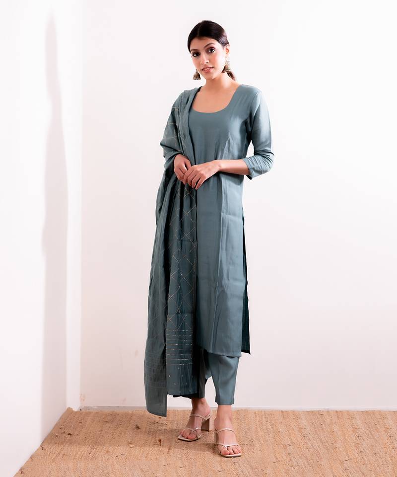 Blue Husna Straight Fit Kurta Set