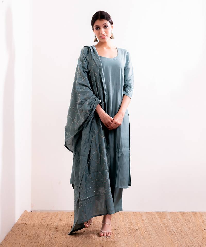 Blue Husna Straight Fit Kurta Set