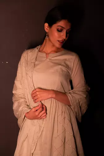 Cream Grey Rafta Anarkali Suit Set