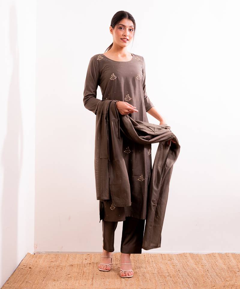 Grey Roza Straight Fit Kurta Set