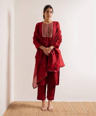 Red Basant Straight Fit  Suit Set 1