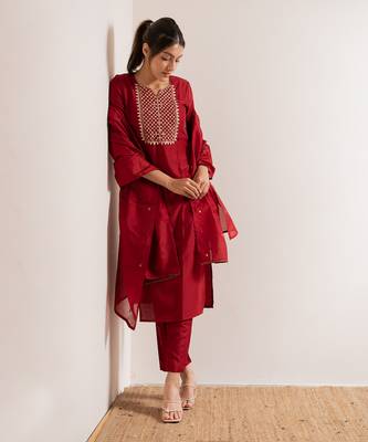 Red Basant Straight Fit  Suit Set 7