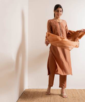 Dusty Orange Chaap Straight Fit Kurta Set 14