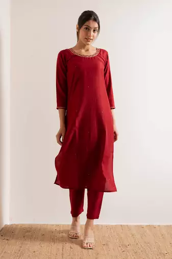 Red Chirmi Straight Fit  Suit Set