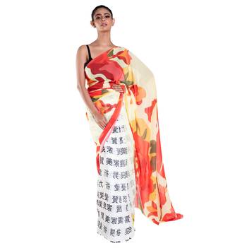Black printed satin saree with blouse 1