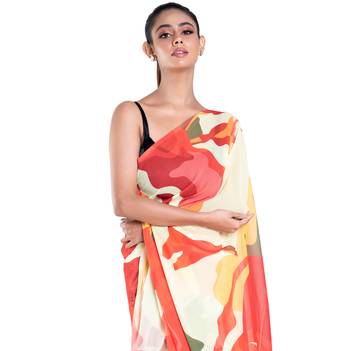 Black printed satin saree with blouse 3