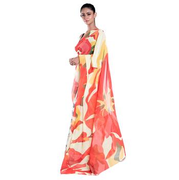Black printed satin saree with blouse 4