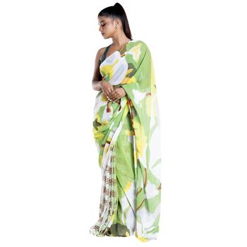 Yellow printed satin saree with blouse 1