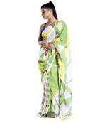 Yellow printed satin saree with blouse