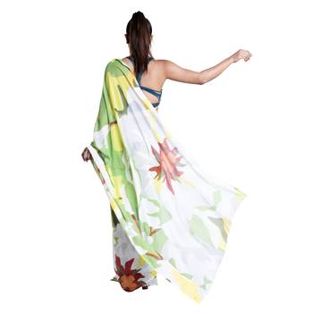 Yellow printed satin saree with blouse 2