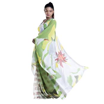 Yellow printed satin saree with blouse 3
