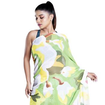 Yellow printed satin saree with blouse 4