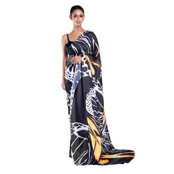Blue printed satin saree with blouse 1