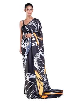 Blue printed satin saree with blouse
