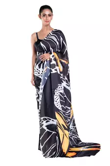 Blue printed satin saree with blouse