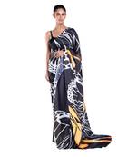 Blue printed satin saree with blouse