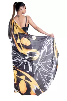 Blue printed satin saree with blouse