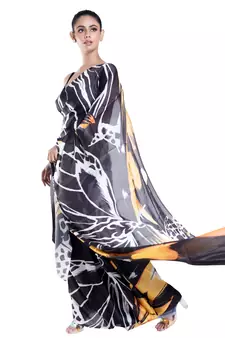 Blue printed satin saree with blouse
