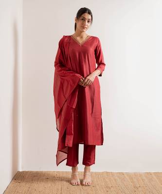 Tomato Red Gul Straight Fit  Suit Set 1